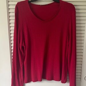 Women's Red raw silk Long Sleeve v neck Top